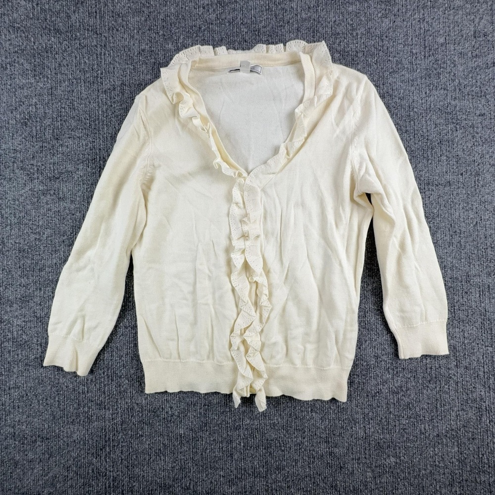 G.H. Bass & Co. Cardigan Sweater Womens XS White Ruffle Trim V Neck Knit